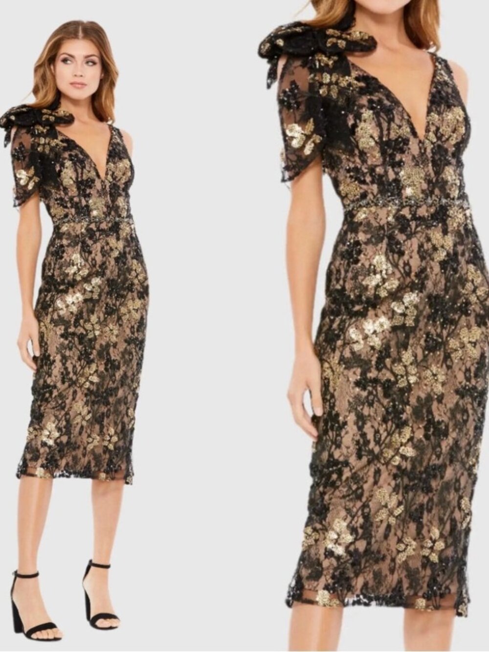 Mac Duggal black gold beaded embellished lace sheath cocktail midi dress size 4